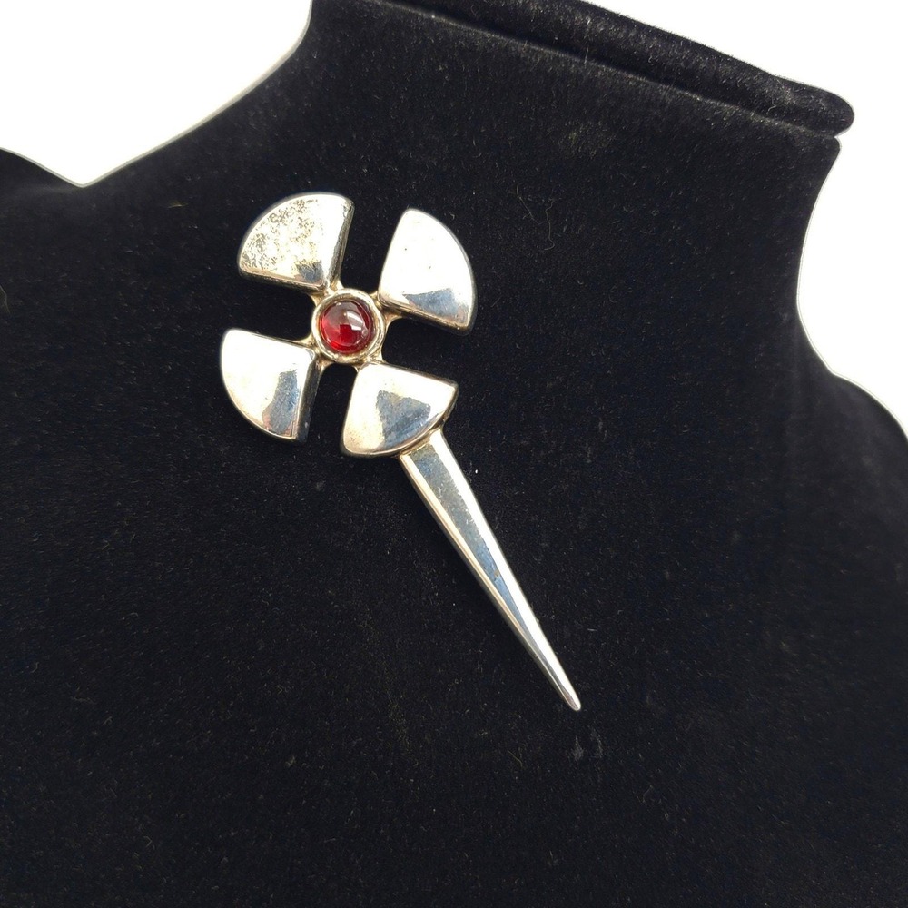Sterling Silver 925 Garnet Brooch Modernist Pinwheel Lapel Pin Celtic Vintage 9g